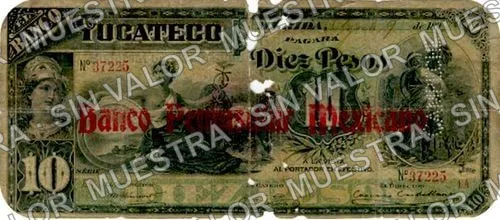 10 pesos, Banco Peninsular Mexicano (M555), M555c $10 stamped 'Sucursal de Campeche' and needlepunched 'CAMPECHE', anverso