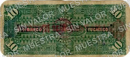 10 pesos, Banco Peninsular Mexicano (M555), M555d overprinted 'SUCURSAL EN CARMEN, CAMP' and needlepunched 'LAGUNA', reverso