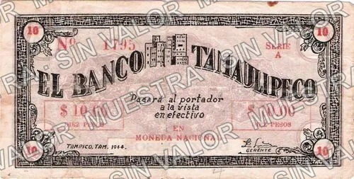 10 pesos, Banco Tamaulipeco (M4480), M4480 $10 Banco Tamaulipeco, anverso