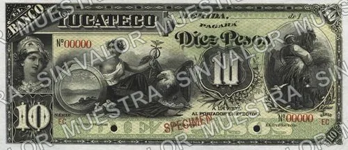 10 pesos, Banco Yucateco (M565), M565s $10 Banco Yucateco specimen, anverso