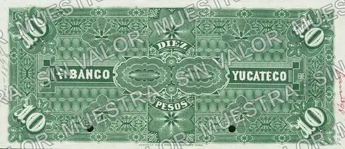 10 pesos, Banco Yucateco (M565), M565s $10 Banco Yucateco specimen, reverso