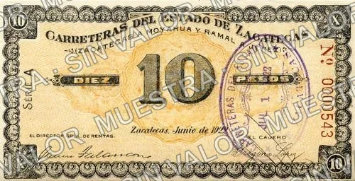 10 pesos, Carreteras del Estado de Zacatecas (M4510), M4510 $10 Carreteras del Estado de Zacatecas, anverso