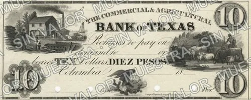 10 pesos, Commercial & Agricultural Bank of Texas proof (M183), M183 $10 Commercial & Agricultural Bank of Texas proof, anverso