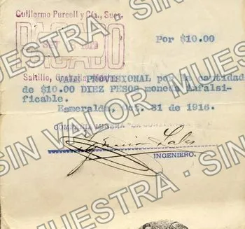 10 pesos, Compania Minera "La Constancia" (M1112), M1112 $10 Compania Minera "La Constancia", anverso