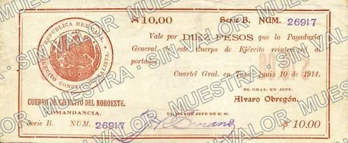 10 pesos, Cuerpo de Ejército de Noroeste (M3527), M3527 $10 Cuerpo de Ejército de Noroeste, anverso