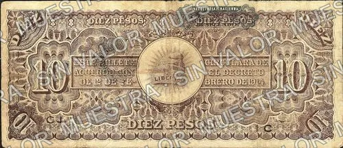 10 pesos, Ejército Constitucionalista, V-C C-V vertically (M935), reverso (M935a $10 Ejército Constitucionalista, leading C (C-I I-C))