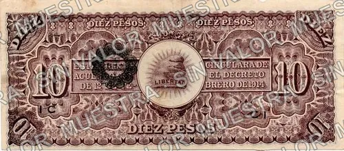 10 pesos, Ejército Constitucionalista, V-C C-V vertically (M935), reverso