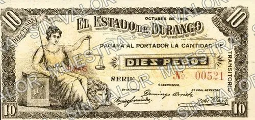 10 pesos, Estado de Durango (M1513), anverso (M1513b $10 Estado de Durango)
