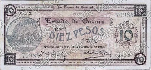 10 pesos, Estado de Oaxaca (M3374), anverso (M3374b $10 Estado de Oaxaca)