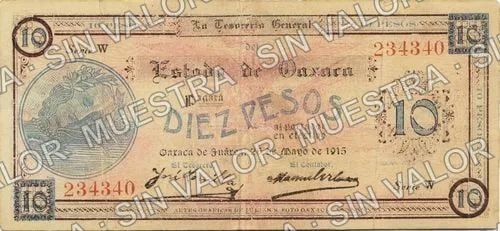 10 pesos, Estado de Oaxaca (M3374), anverso (M3374d $10 Estado de Oaxaca)