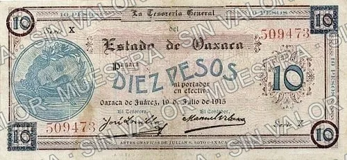 10 pesos, Estado de Oaxaca (M3374), anverso (M3374e $10 Estado de Oaxaca)
