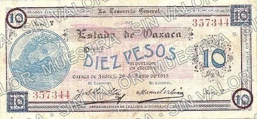 10 pesos, Estado de Oaxaca (M3374), anverso (M3374e $10 Estado de Oaxaca)
