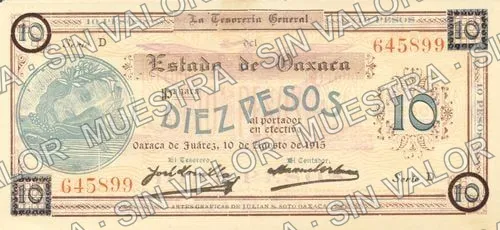 10 pesos, Estado de Oaxaca (M3374), anverso (M3374e $10 Estado de Oaxaca)