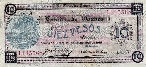 10 pesos, Estado de Oaxaca (M3374), anverso (M3374f $10 Estado de Oaxaca)