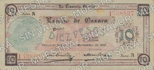 10 pesos, Estado de Oaxaca (M3374), anverso (M3374h $10 Estado de Oaxaca)