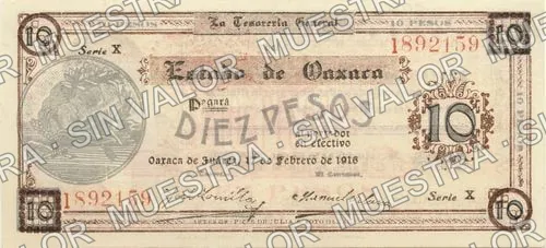 10 pesos, Estado de Oaxaca (M3374), anverso (M3374k $10 Estado de Oaxaca)