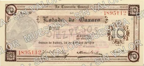 10 pesos, Estado de Oaxaca (M3374), anverso (M3374l $10 Estado de Oaxaca)