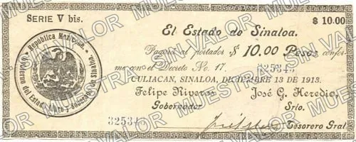 10 pesos, Estado de Sinaloa (M3747), M3747a $10 Estado de Sinaloa, anverso