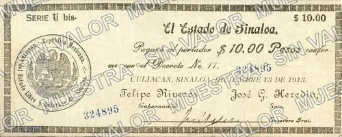 10 pesos, Estado de Sinaloa (M3747), M3747a $10 Estado de Sinaloa, anverso