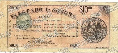 10 pesos, Estado de Sonora - 1st series (M3817), M3817a $10 Estado de Sonora - 1st series, anverso