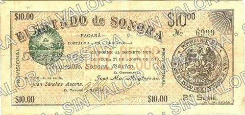 10 pesos, Estado de Sonora - 1st series (M3817), M3817b $10 Estado de Sonora - 2nd series, anverso