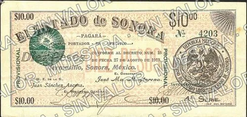 10 pesos, Estado de Sonora - 1st series (M3817), M3817f $10 Estado de Sonora - 4th series, anverso