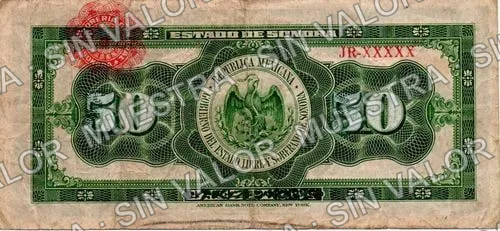 10 pesos, Estado de Sonora (M3823), M3823a $10 Estado de Sonora, reverso