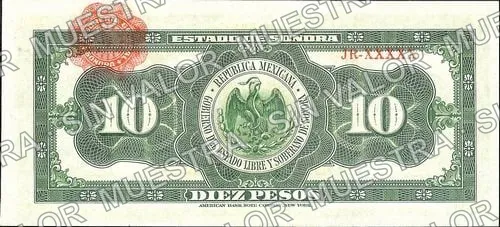 10 pesos, Estado de Sonora (M3823), M3823a $10 Estado de Sonora, reverso