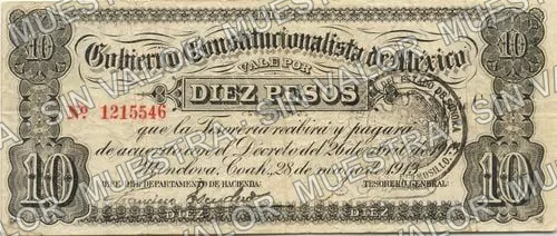 10 pesos, Gobierno Constitucionalista de México (M977), M977a $10 Gobierno Constitucionalista de México, anverso