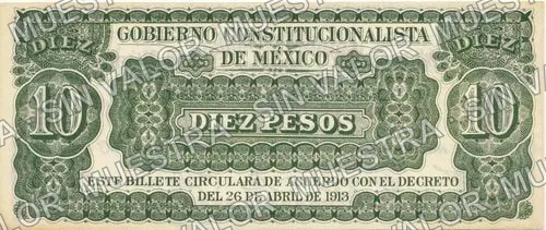 10 pesos, Gobierno Constitucionalista de México (M977), M977b $10 Gobierno Constitucionalista de México, reverso