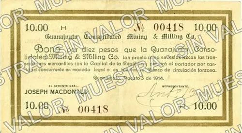 10 pesos, Guanajuato Consolidated Mining & Milling (M1772), M1772 $10 Guanajuato Consolidated Mining & Milling, anverso