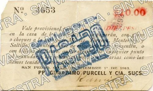 10 pesos, Guillermo Purcell y Cía. Sucs (M1164), M1164 $10 Guillermo Purcell y Cía. Sucs., anverso