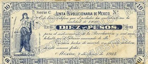 10 pesos, Junta Revolucionaria de México (M1277), anverso