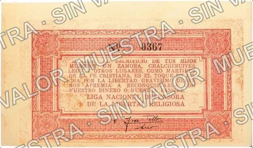 10 pesos, Liga Nacional Defensora de la Libertad Religiosa (M4365), M4365 $10 Liga Nacional Defensora de la Libertad Religiosa, reverso
