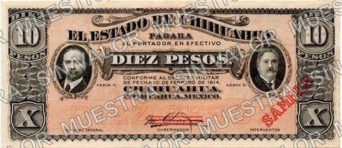 10 pesos (M924), anverso (M924n $10 overprinted 'SAMPLE')