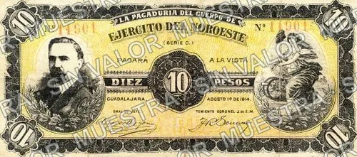 10 pesos, Pagaduría del Cuerpo de Ejército del Noroeste (M2264), M2264a $10 Pagaduría del Cuerpo de Ejército del Noroeste, anverso