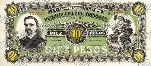10 pesos, Pagaduría Gral. del Cuerpo de Ejército del Noroeste (M2270), M2270a $10 Pagaduría Gral. del Cuerpo de Ejército del Noroeste, anverso