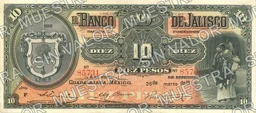 10 pesos, serial letter changed from A to B (M387), M387c $10 Banco de Jalisco, anverso