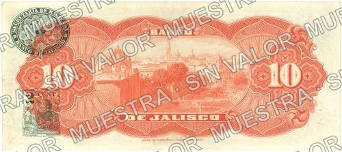 10 pesos, serial letter changed from A to B (M387), M387c $10 Banco de Jalisco, reverso
