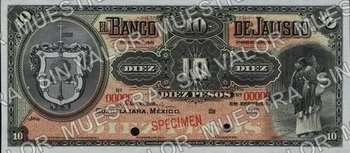 10 pesos, serial letter changed from A to B (M387), M387s $10 Banco de Jalisco specimen, anverso