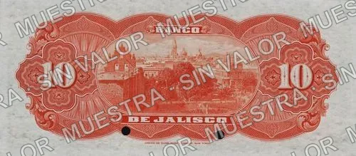 10 pesos, serial letter changed from A to B (M387), M387s $10 Banco de Jalisco specimen, reverso