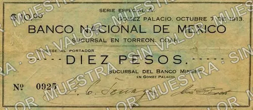 10 pesos, Sucursal del Banco Minero (M1468), anverso