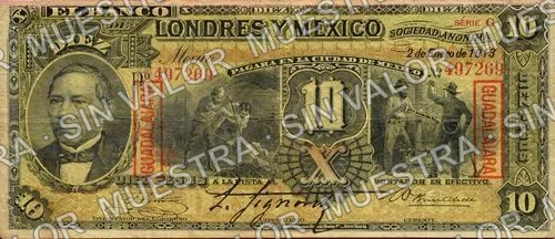10 pesos, uncat $10 stamped 'Villahermosa' (M272), anverso (M272i $10 overprinted 'GUADALAJARA')