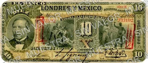 10 pesos, uncat $10 stamped 'Villahermosa' (M272), anverso (M272j $10 stamped 'GUANAJUATO' in box)