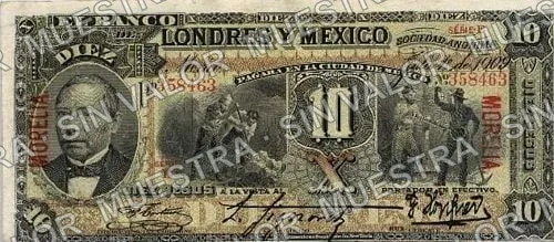 10 pesos, uncat $10 stamped 'Villahermosa' (M272), anverso (M272n $10 overprinted 'MORELIA')