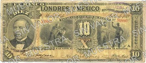 10 pesos, uncat $10 stamped 'Villahermosa' (M272), M272q $10 stamped 'PUEBLA' in oval, anverso