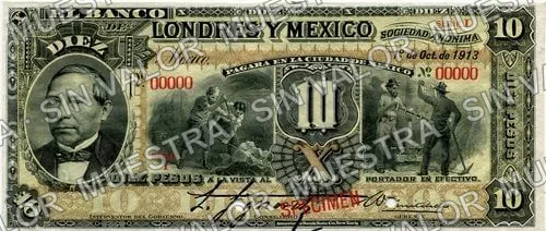 10 pesos, uncat $10 stamped 'Villahermosa' (M272), anverso (M272s $10 Banco de Londres y)