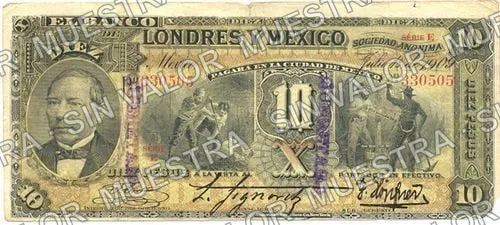 10 pesos, uncat $10 stamped 'Villahermosa' (M272), anverso (M272t $10 stamped 'QUERETARO' in purple)