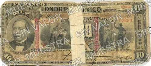 10 pesos, uncat $10 stamped 'Villahermosa' (M272), anverso (M272t $10 stamped 'QUERETARO' in red)
