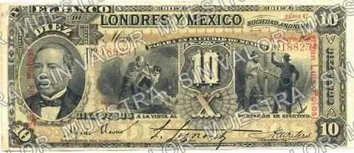 10 pesos, uncat $10 stamped 'Villahermosa' (M272), anverso (M272u $10 overprinted 'San Luis Potosí')